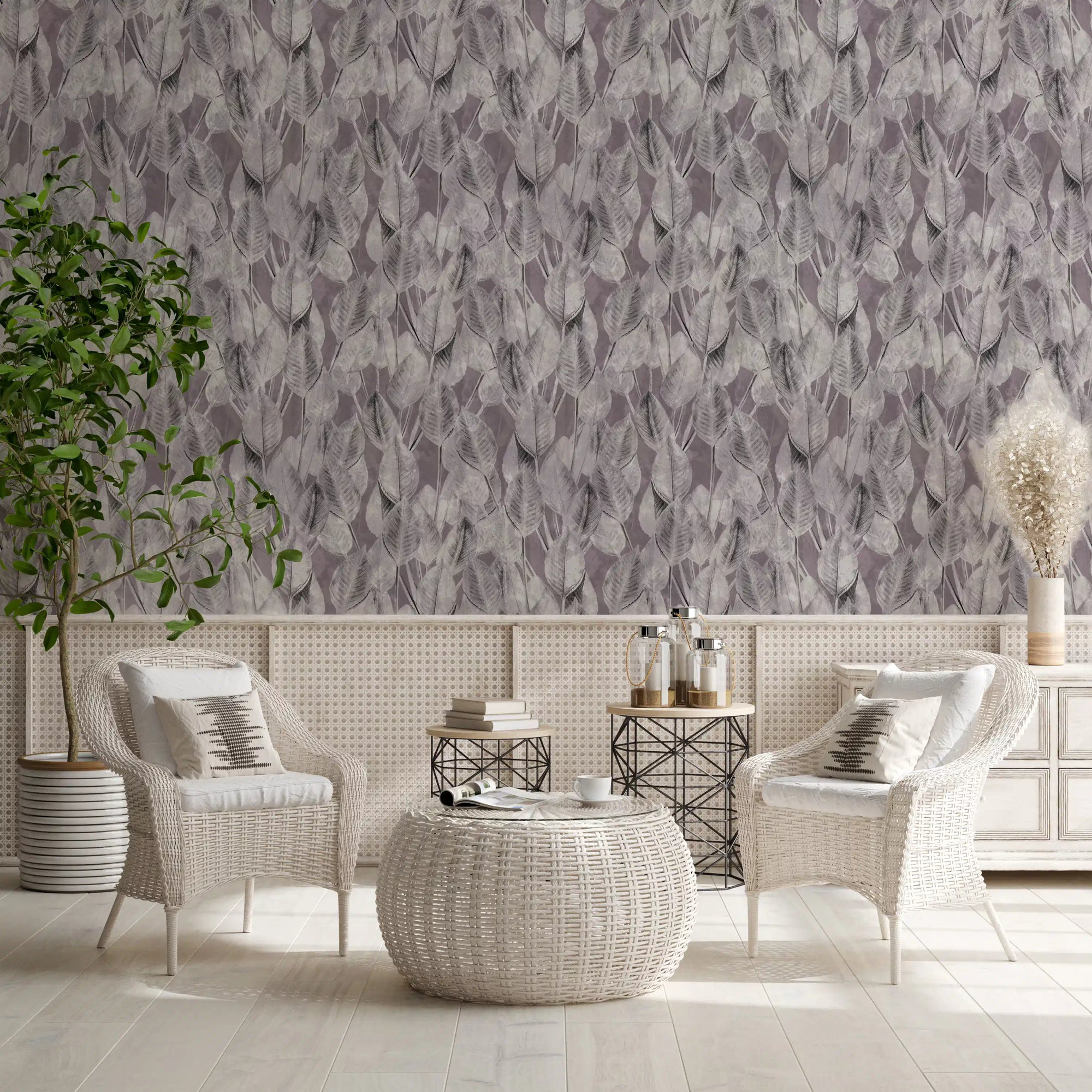 Mauve leaf silhouette wallpaper in a living room with white wicker chairs and a woven ottoman GD12319