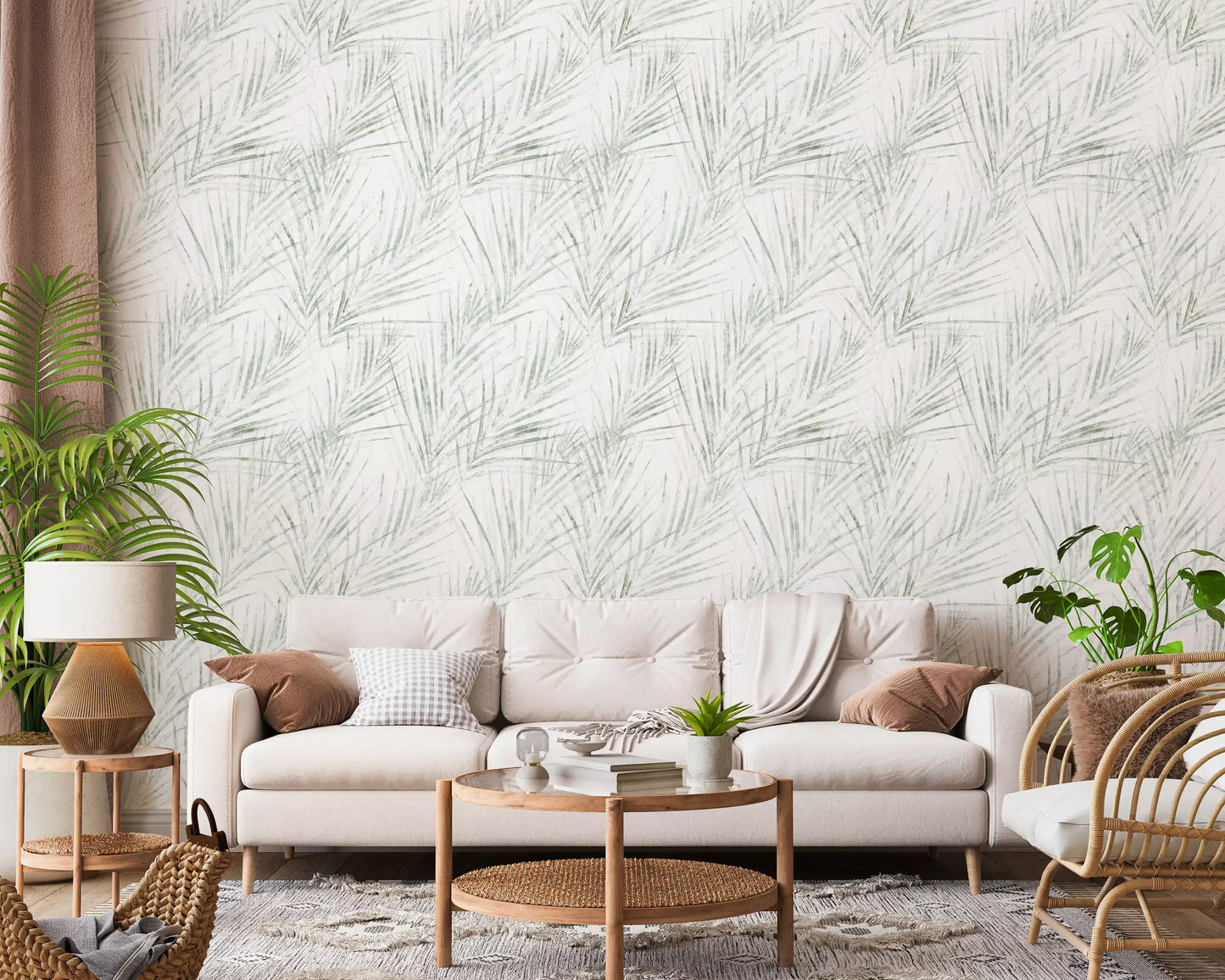 Papel tapiz botánico con bocetos de palmeras en verde salvia