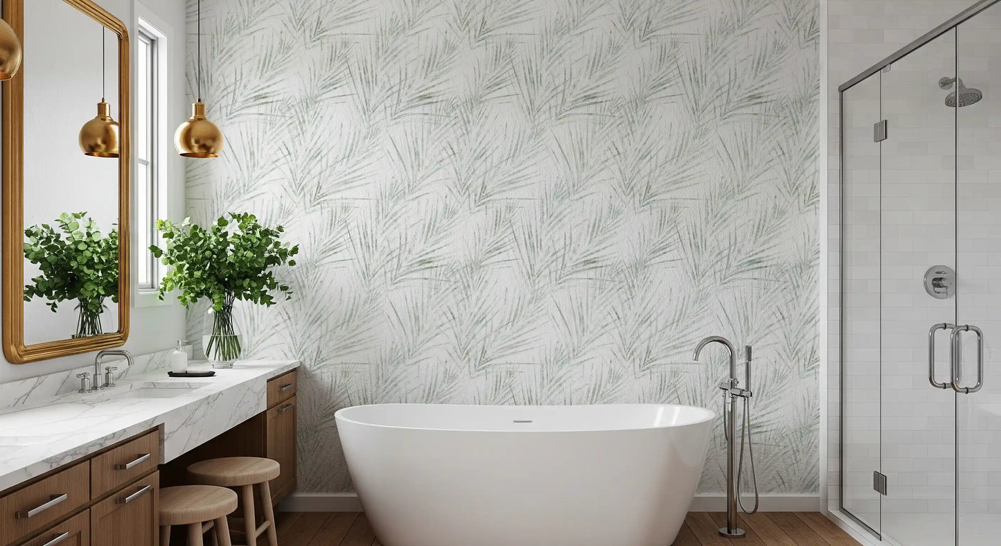 Papel tapiz botánico con bocetos de palmeras en verde salvia