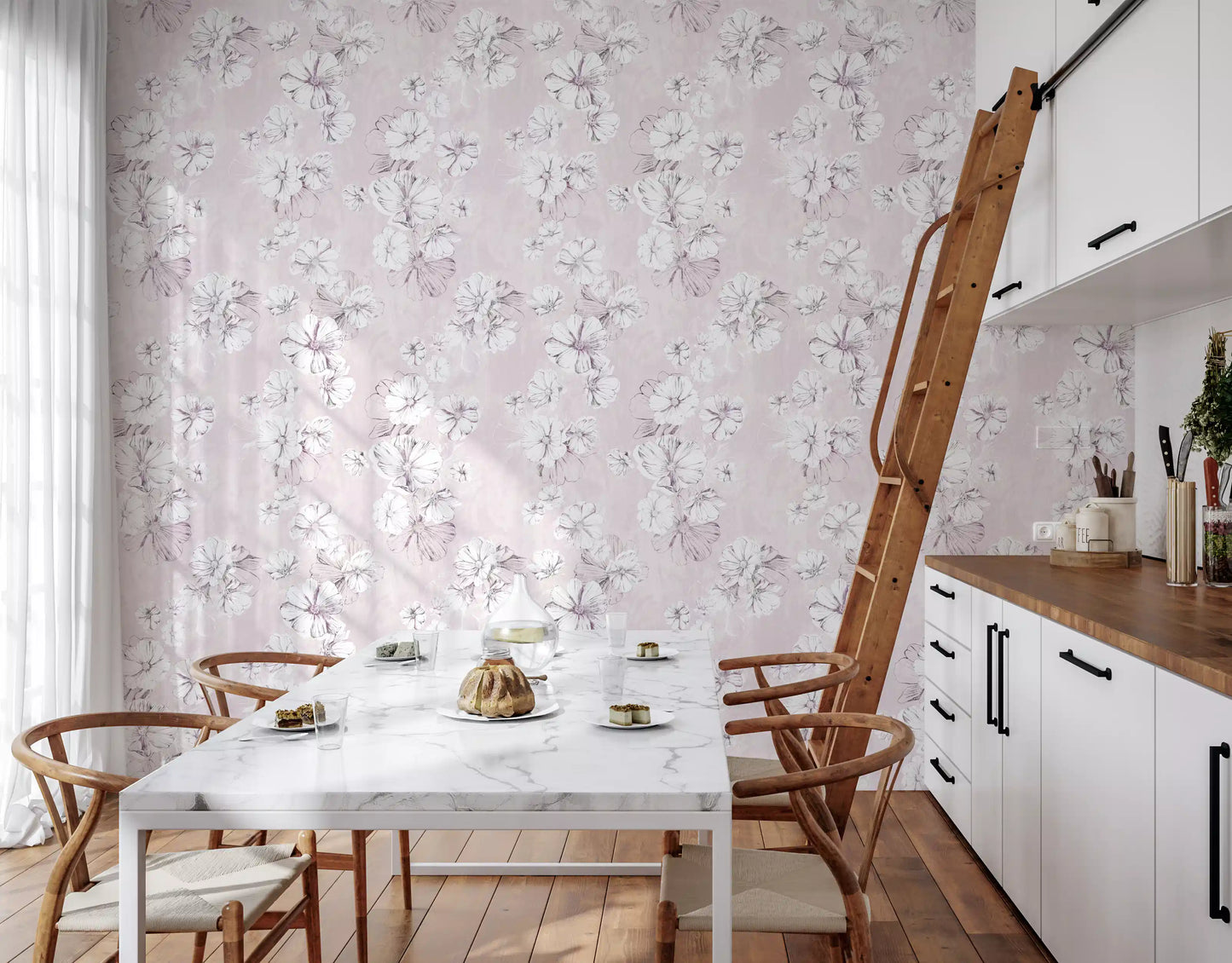 Soft Blush Botanical Illustration Wallpaper⁠