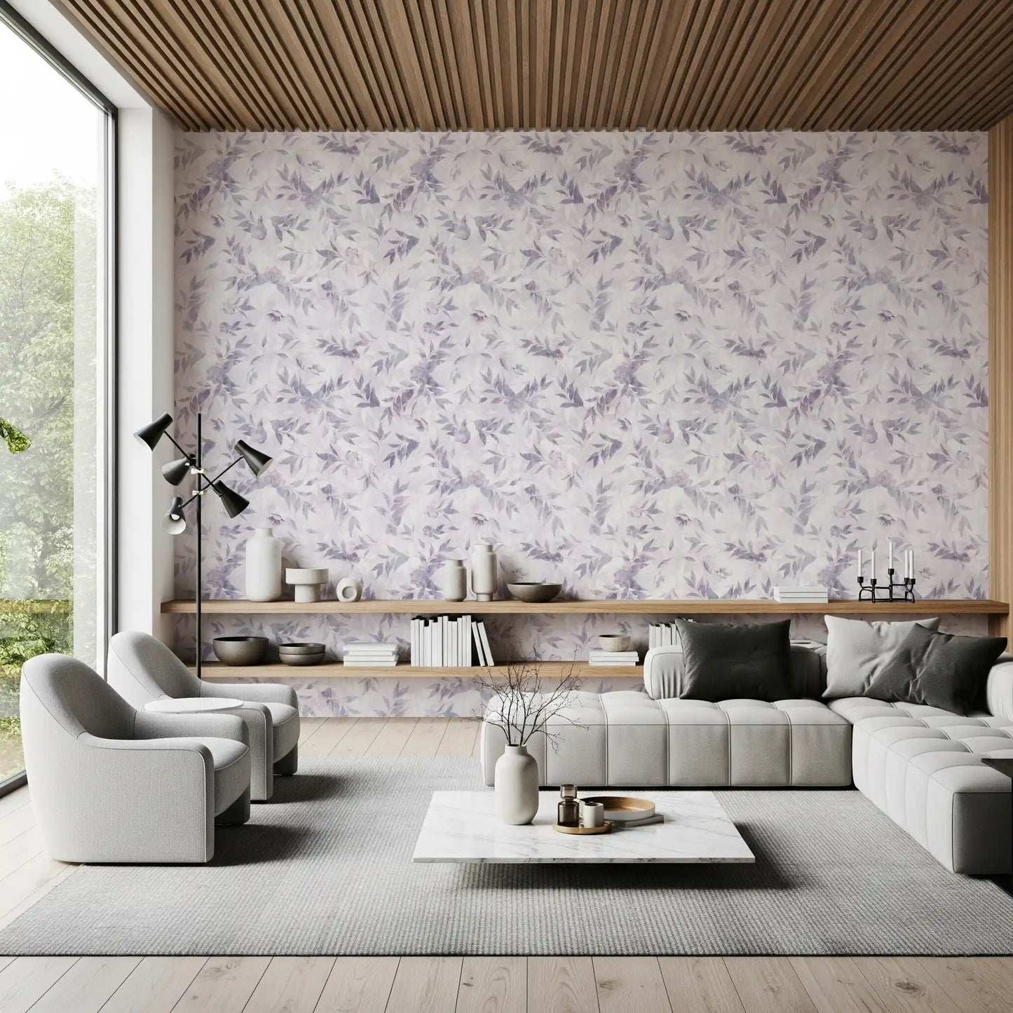 Muted Lavender Botanical Leaf Trail Wallpaper⁠