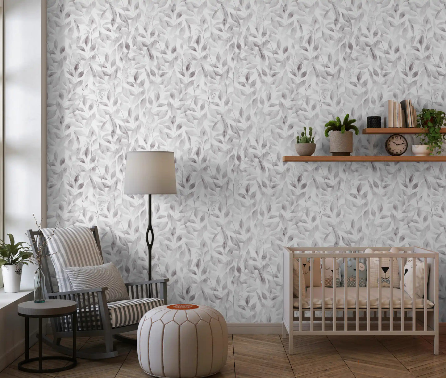 Muted Grey Botanical Foliage Wallpaper⁠