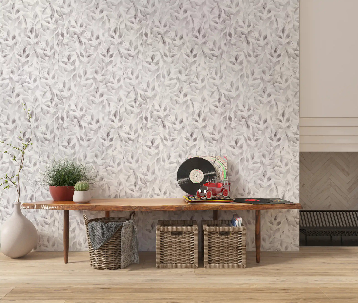 Muted Grey Botanical Foliage Wallpaper⁠