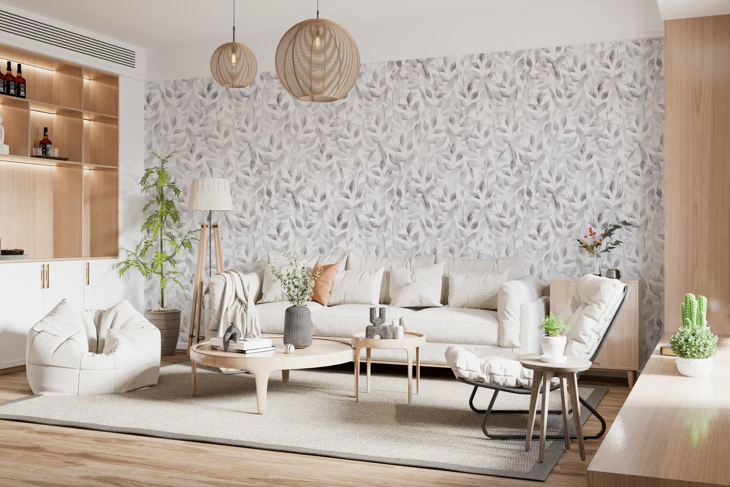 Muted Grey Botanical Foliage Wallpaper⁠