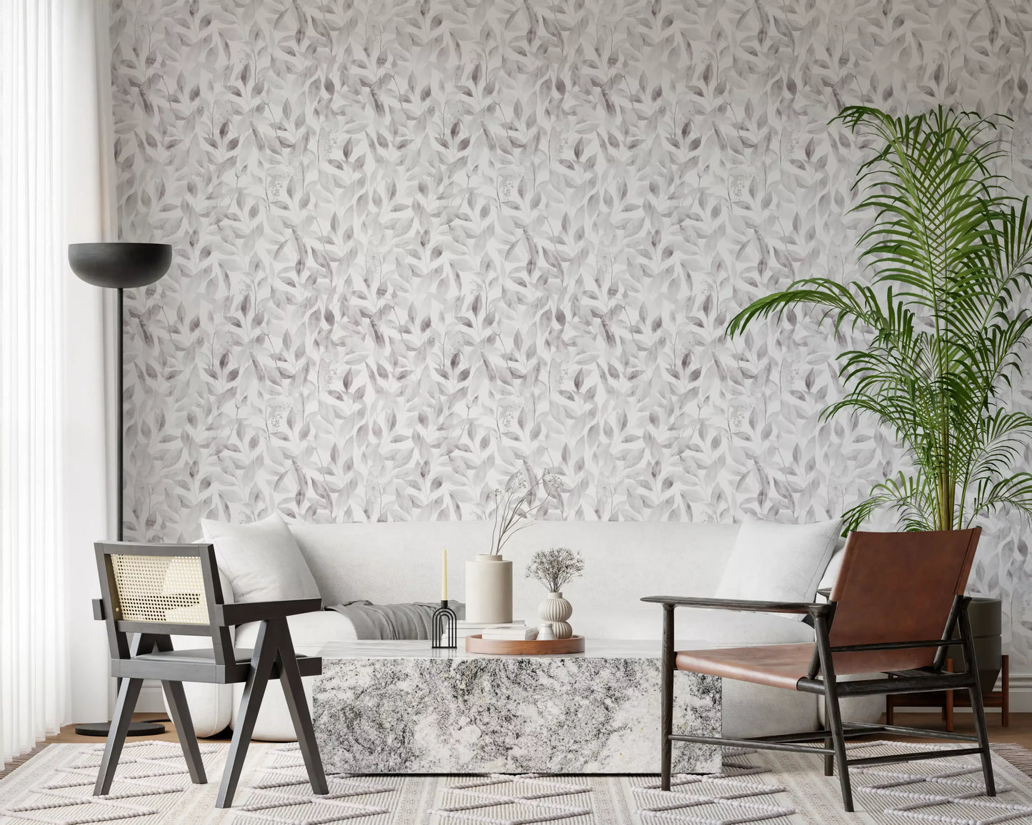 Muted Grey Botanical Foliage Wallpaper⁠