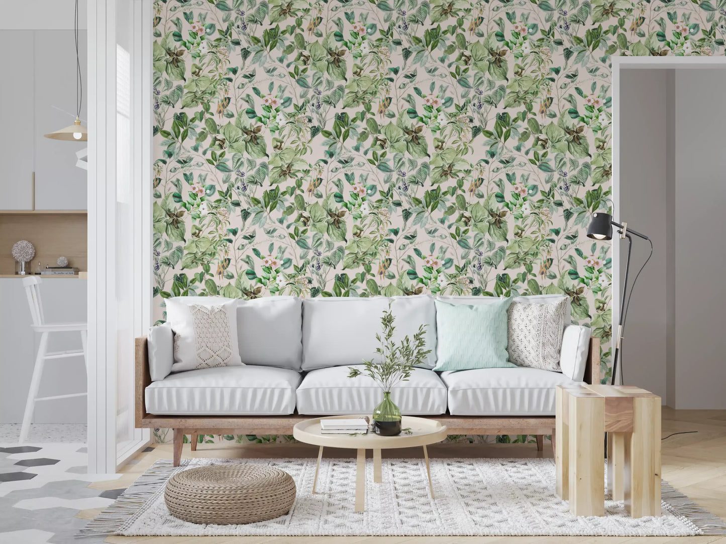 Blød salviegrøn blomstermark-tapet