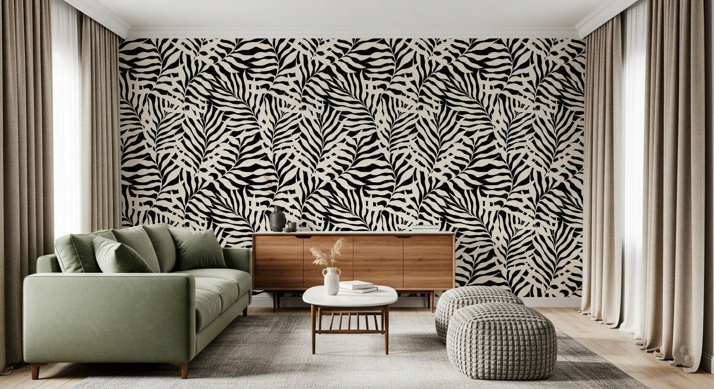 Cream and Black Palm Leaf Botanical Wallpaper⁠