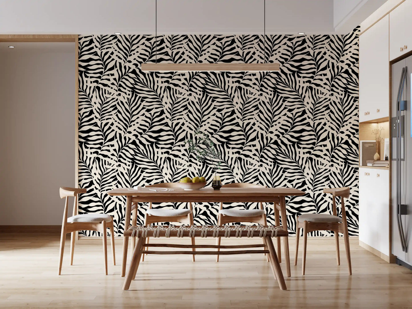 Cream and Black Palm Leaf Botanical Wallpaper⁠
