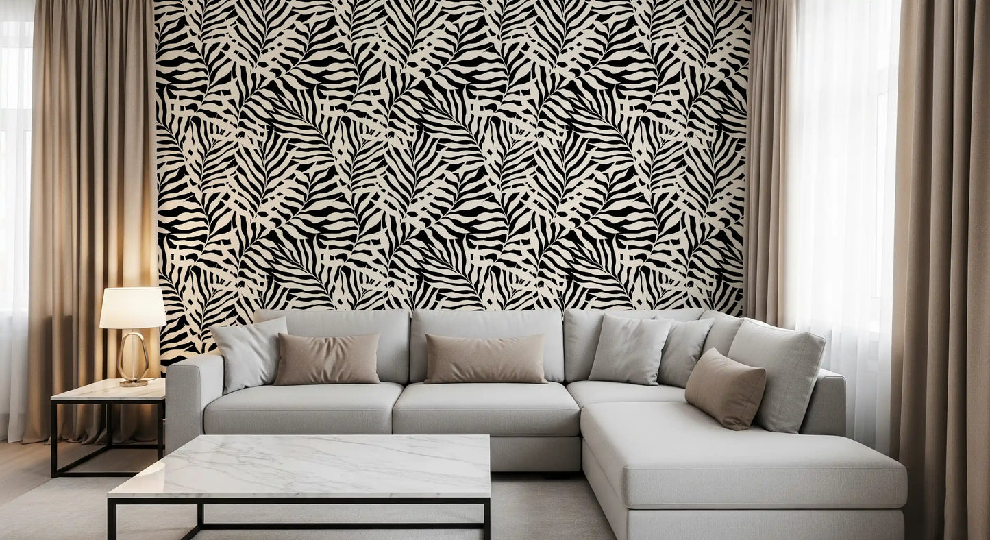 Cream and Black Palm Leaf Botanical Wallpaper⁠
