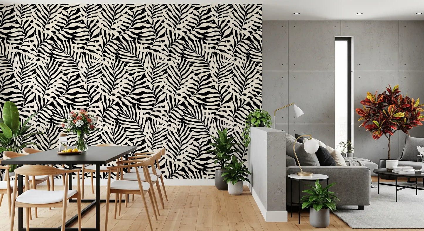 Cream and Black Palm Leaf Botanical Wallpaper⁠