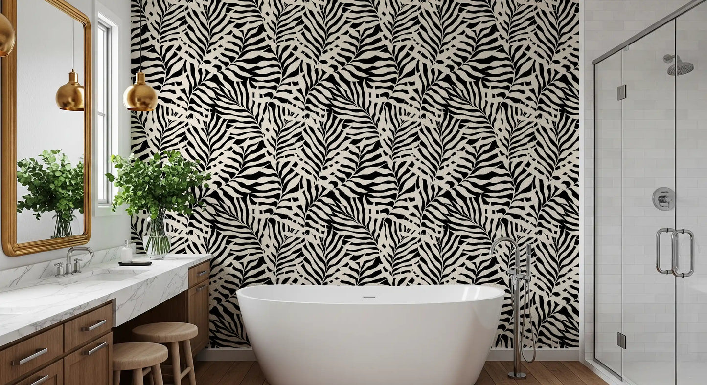 Cream and Black Palm Leaf Botanical Wallpaper⁠