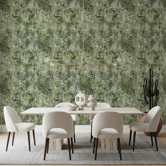 Sage fern fronds cover the dining room in this botanical wallpaper GD12345
