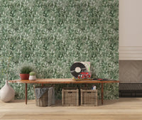 Papier peint artistique à motif de feuilles forestières ombrées aux tons doux