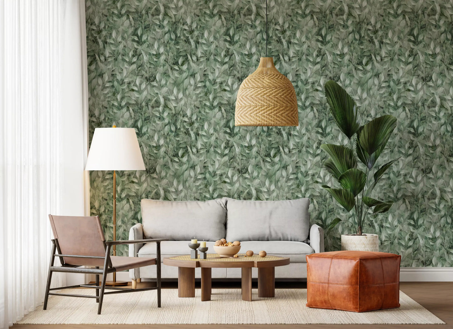 Papier peint artistique à motif de feuilles forestières ombrées aux tons doux