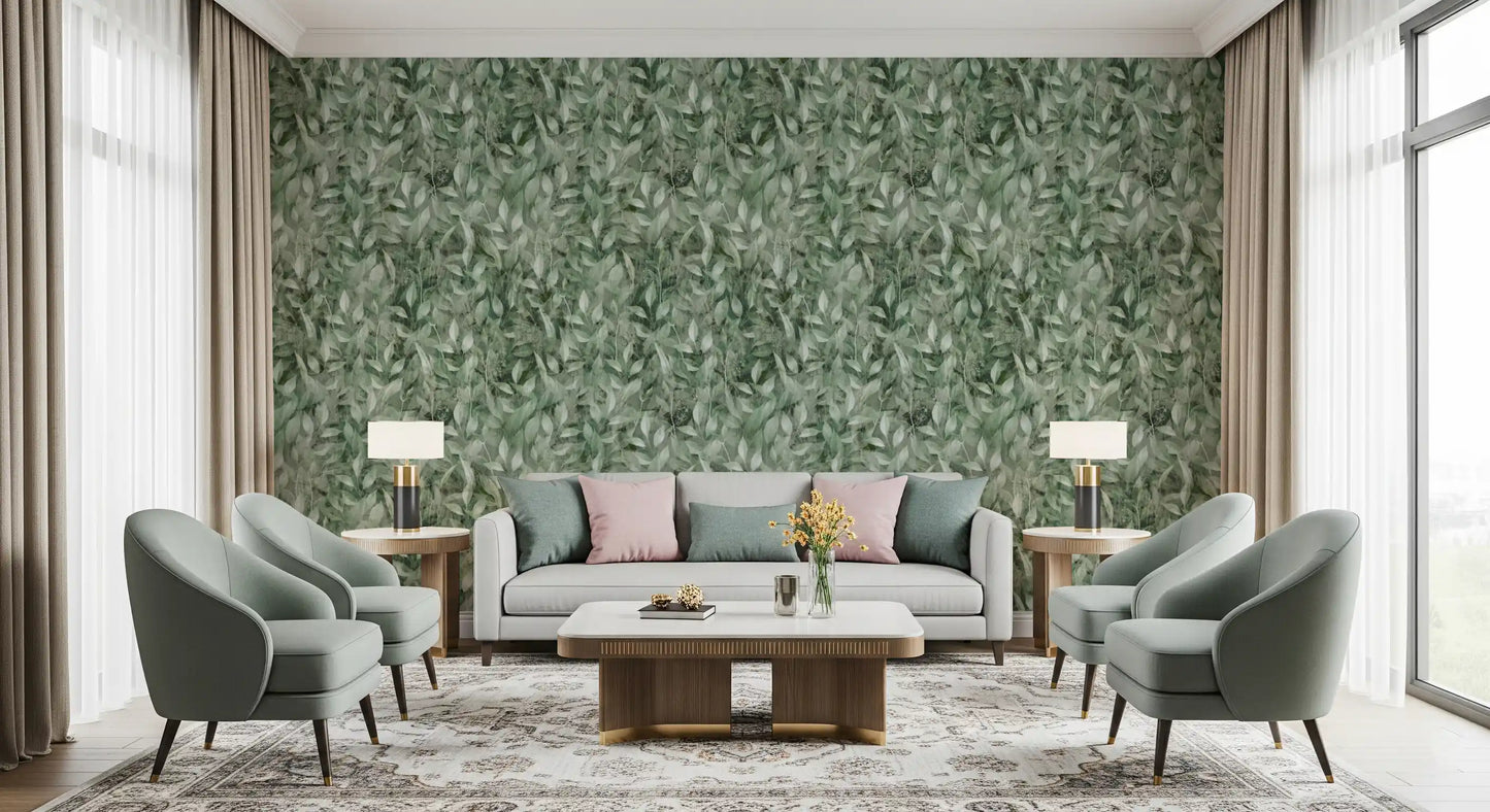 Papier peint artistique à motif de feuilles forestières ombrées aux tons doux