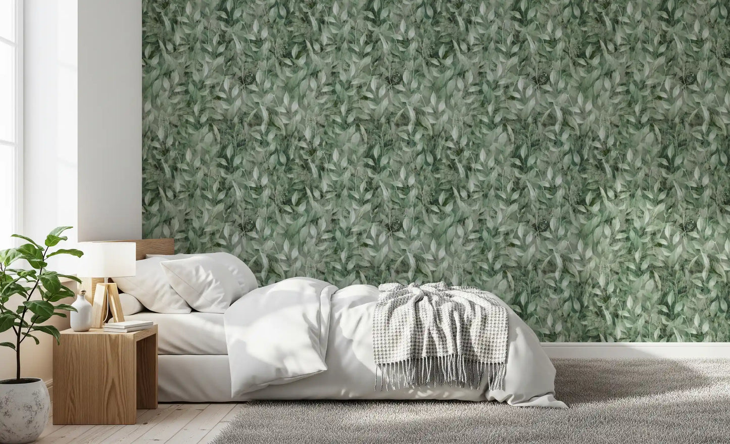 Papier peint artistique à motif de feuilles forestières ombrées aux tons doux