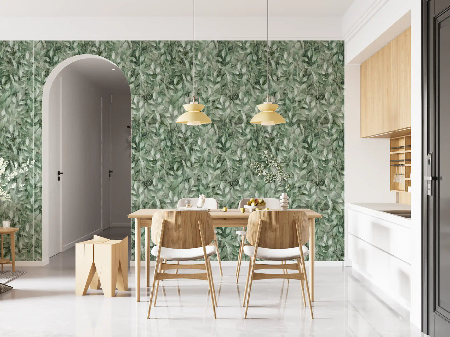 Papier peint artistique à motif de feuilles forestières ombrées aux tons doux