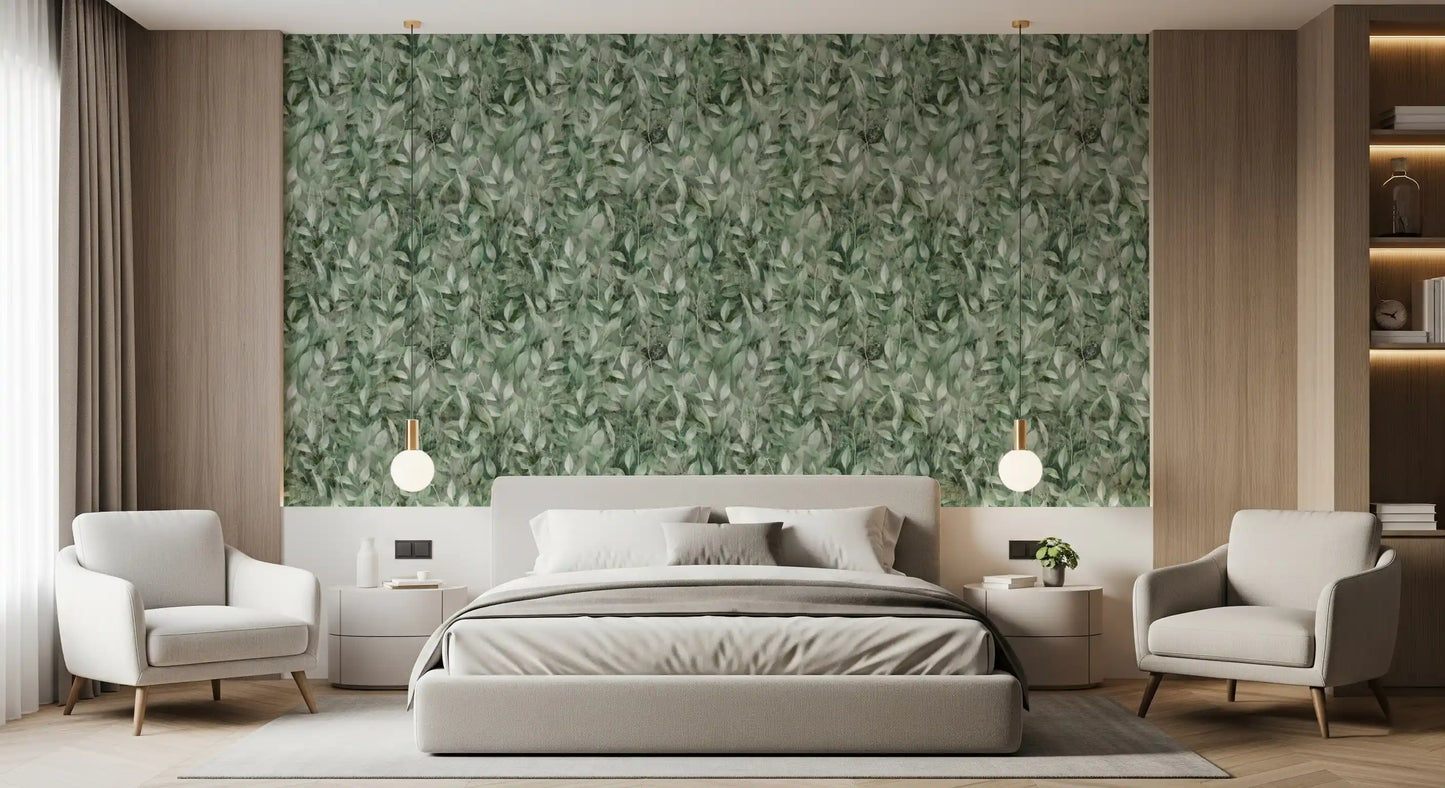 Papier peint artistique à motif de feuilles forestières ombrées aux tons doux