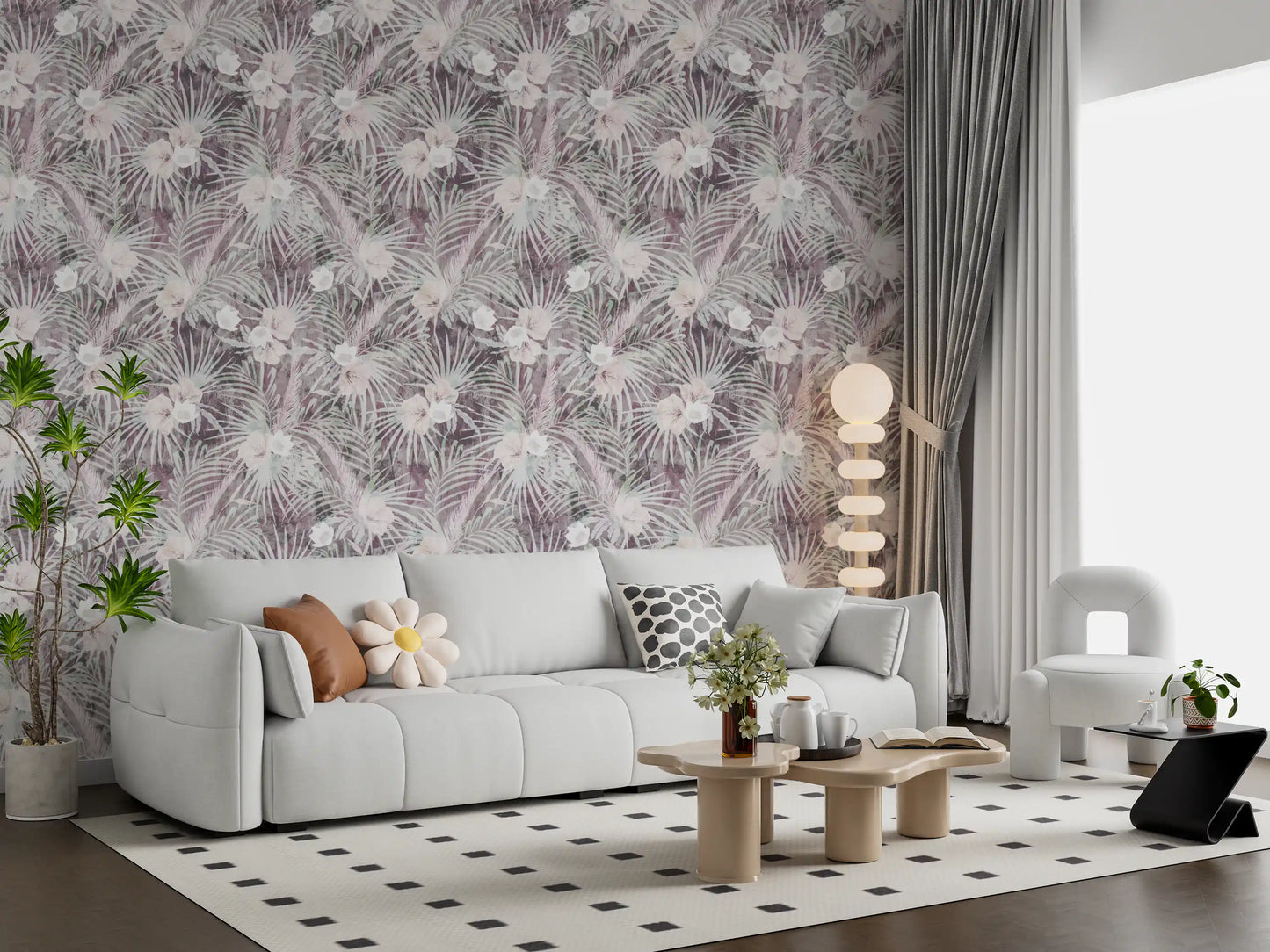 Dezent tropische Palmen- und Blumenmuster-Tapete „Drift“