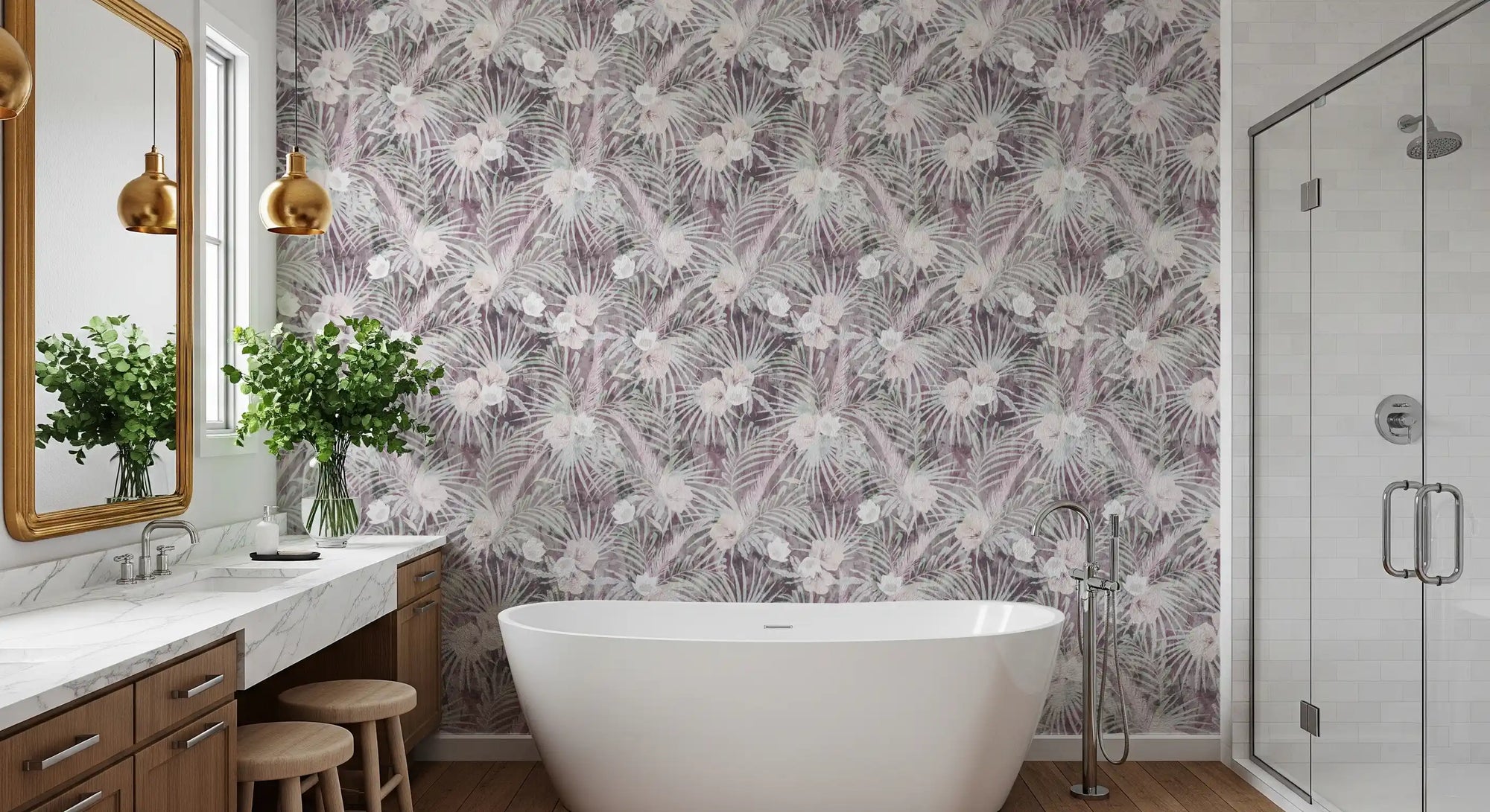 bathroom styled with the muted tropical palm wallpaper in dusty mauve GD12349