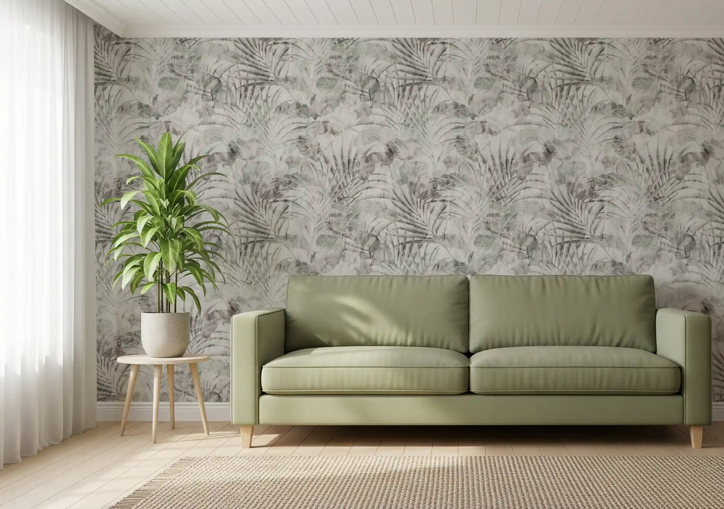 Papier peint à feuillage tropical aux tons doux