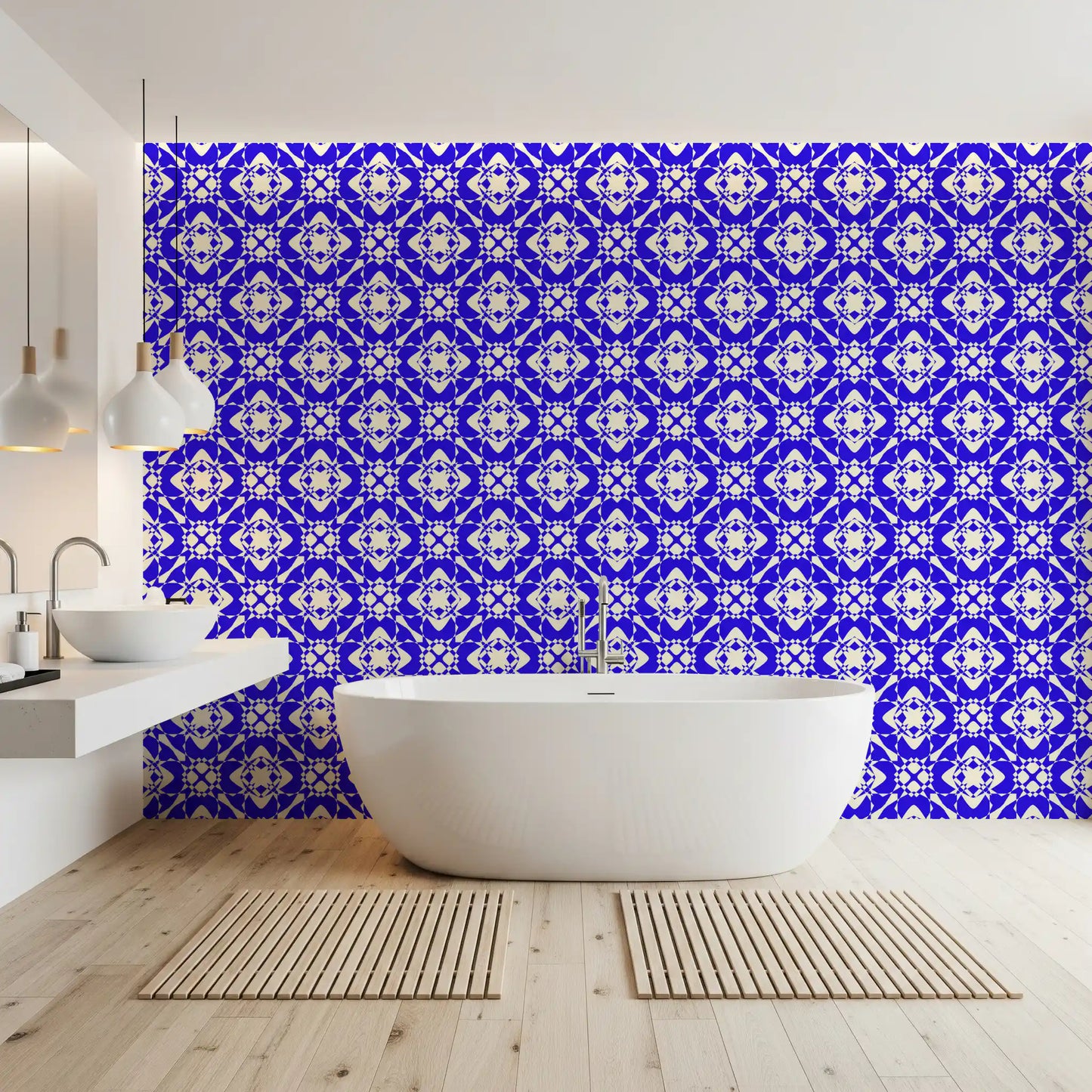 Papier peint abstrait moderne à motif quadrillé bleu et crème