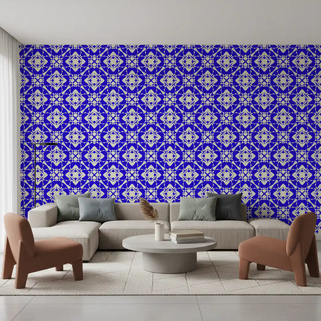 Papier peint abstrait moderne à motif quadrillé bleu et crème