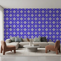 Papier peint abstrait moderne à motif quadrillé bleu et crème