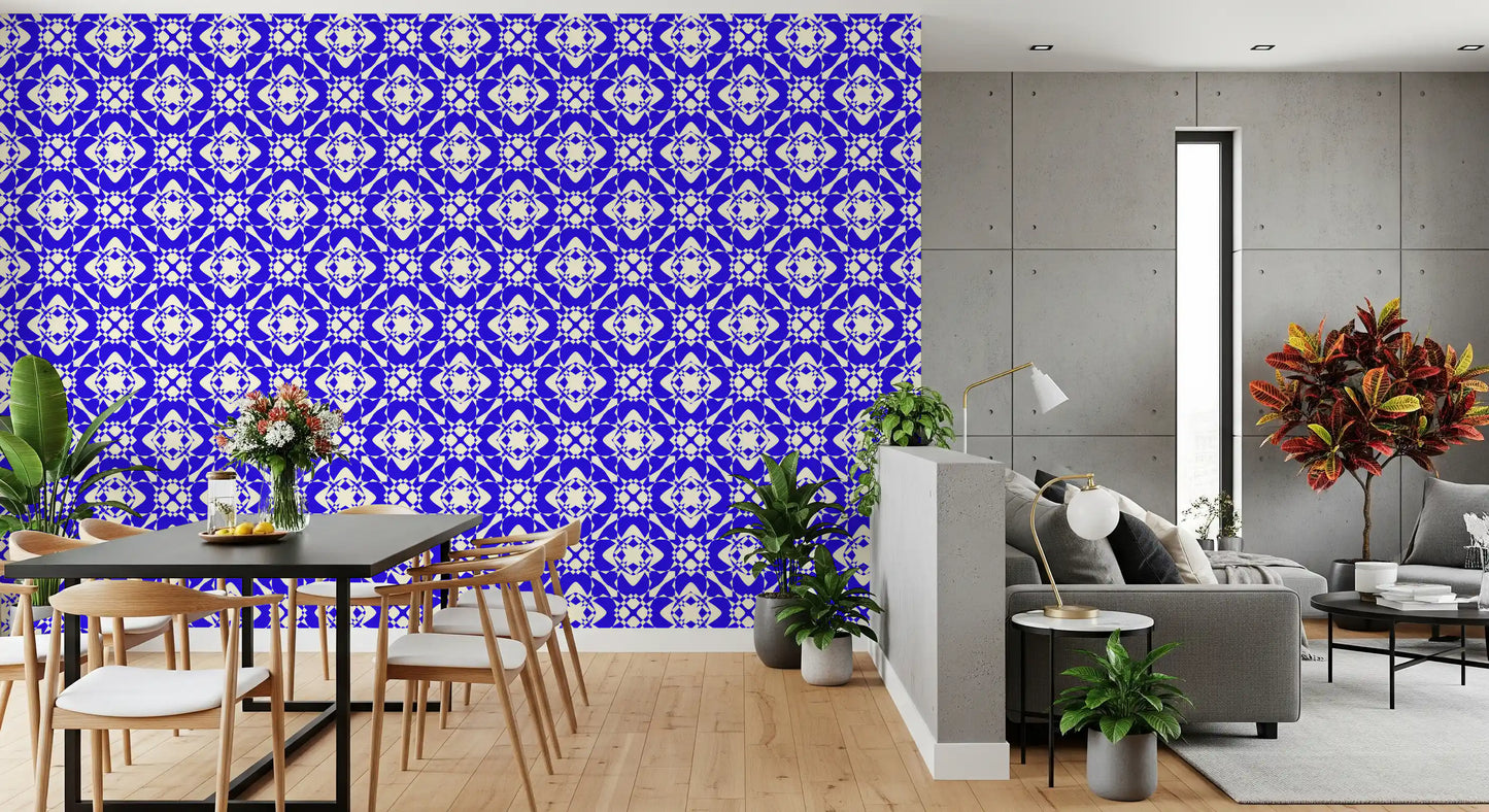 Papier peint abstrait moderne à motif quadrillé bleu et crème