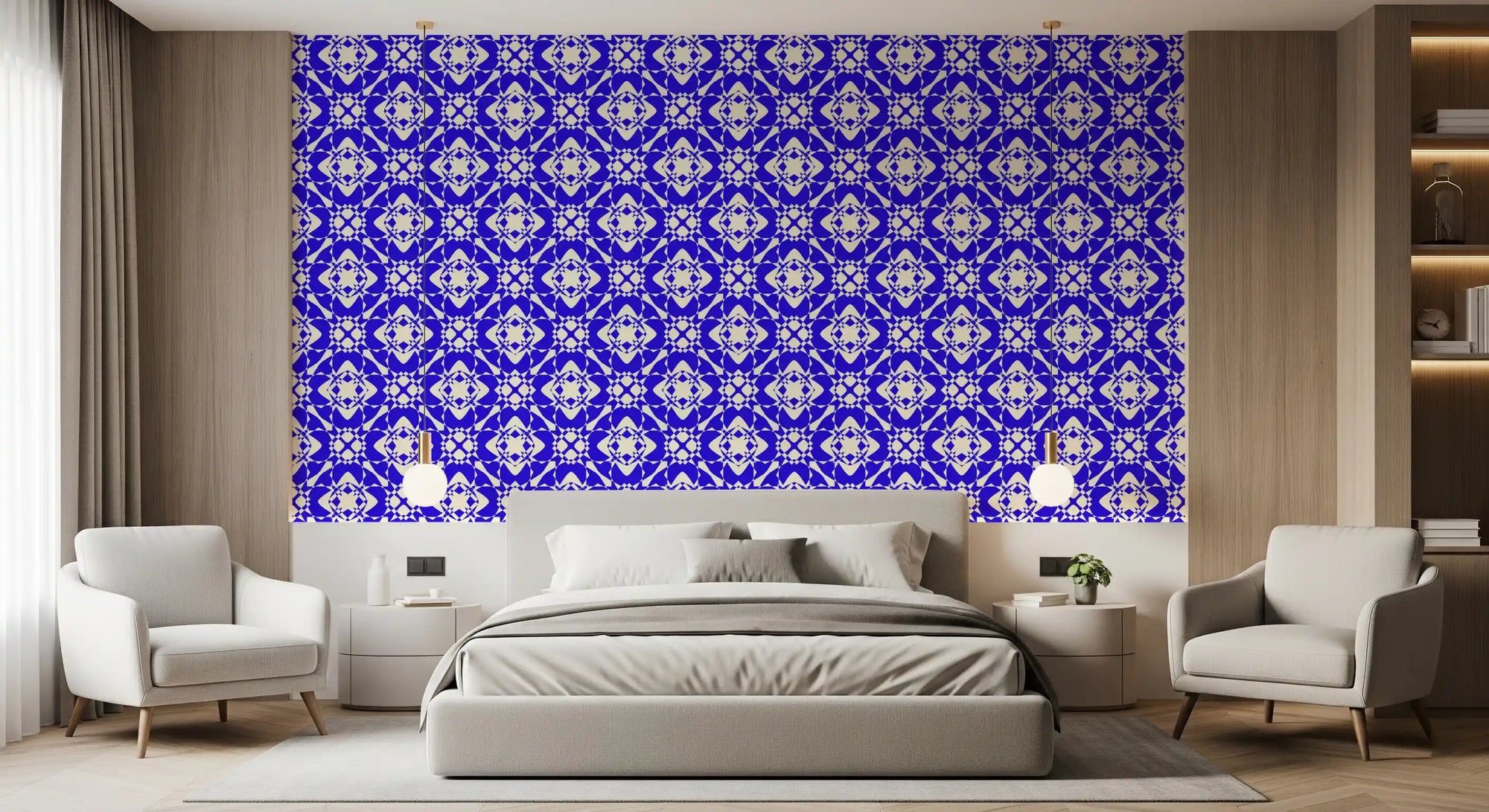 Cobalt grid sets a bold bedroom in the Modern Abstract wallpaper GD12355