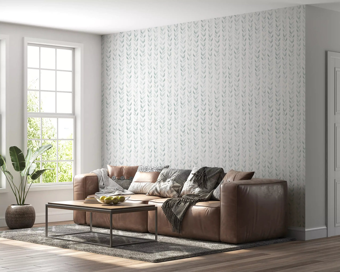 Soft Watercolor Vertical Leaf Vine Pattern Wallpaper⁠