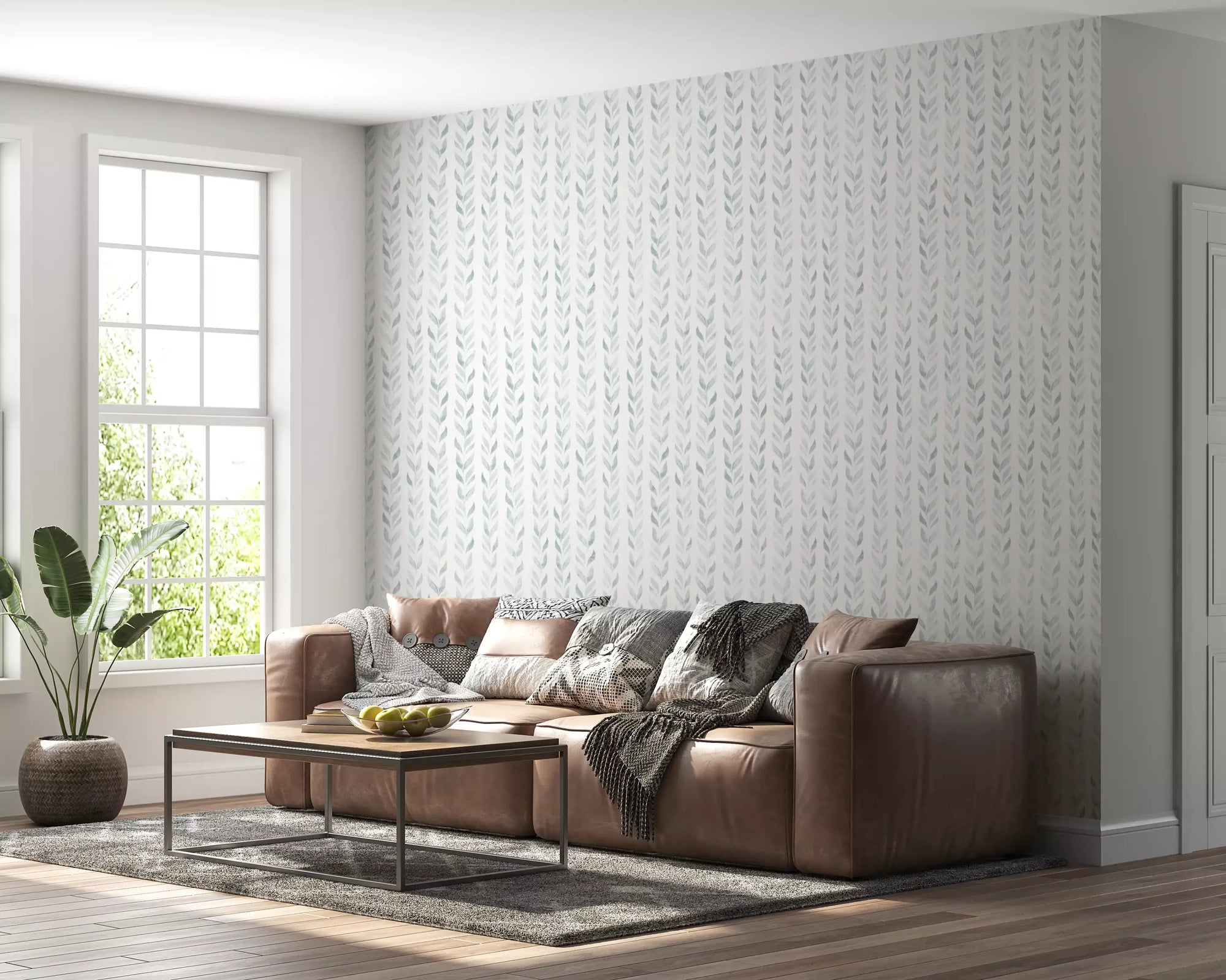 Vertical leaf vines line a calm living room in the Watercolor wallpaper GD12359