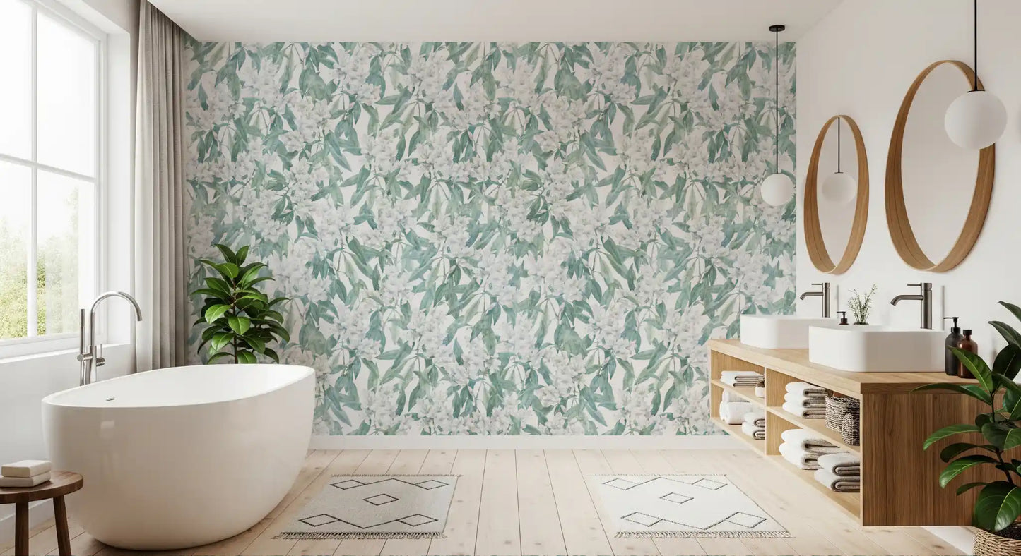Minimalistische Tapete mit Gartenblättern und Ranken
