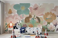 Meadow friends mural in a boys room with rocket lamps and space themed bedding GD12394