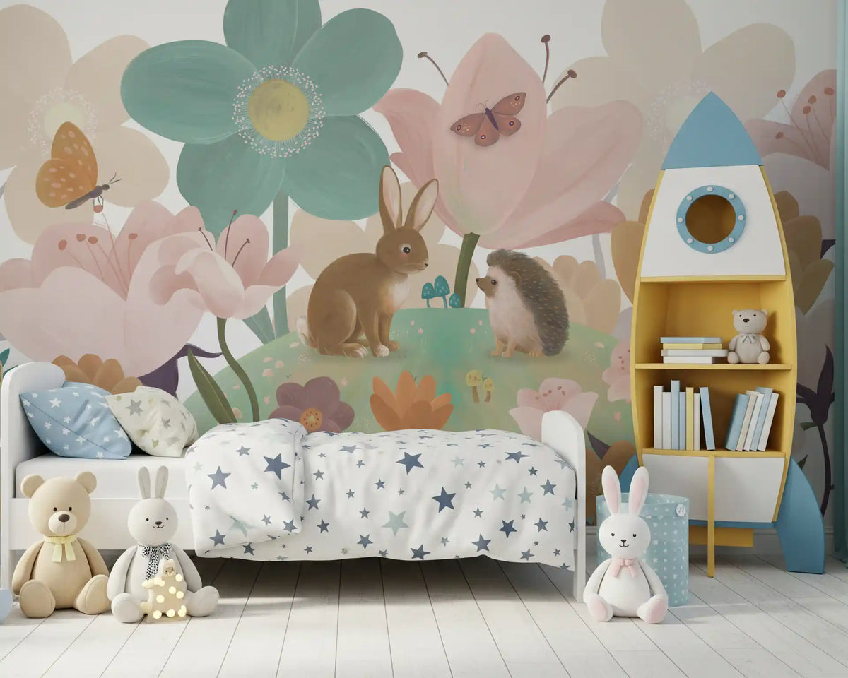 Meadow friends wall mural in a kids room with star bedding and a yellow rocket shelf GD12394