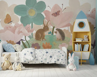 Meadow friends wall mural in a kids room with star bedding and a yellow rocket shelf GD12394