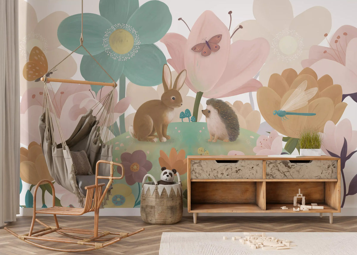 Meadow friends wall mural framing a rattan hanging chair and wood sideboard GD12394