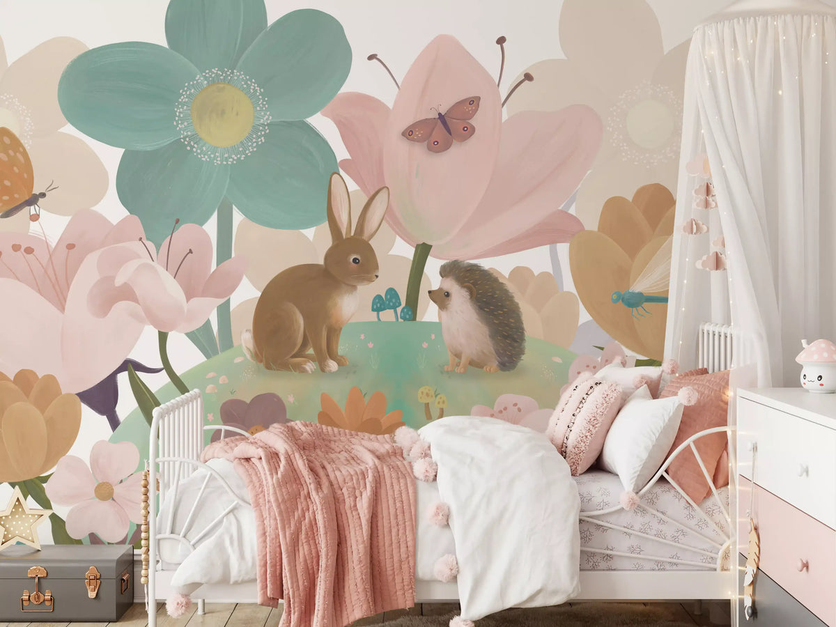 Garden blooms nursery mural behind a white iron crib with a pink canopy GD12394