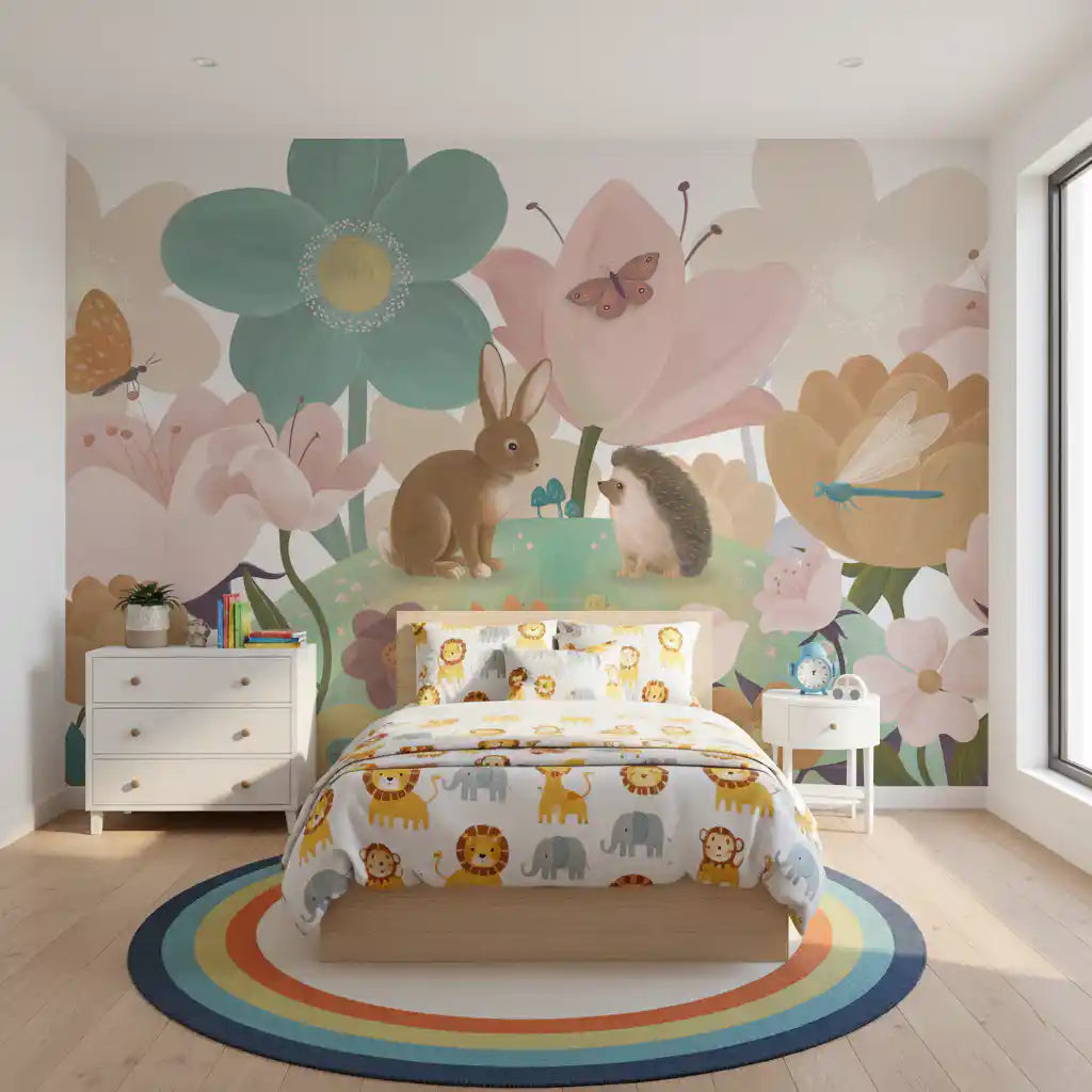 Meadow friends mural above a kids bed with safari animal bedding and a rainbow rug GD12394