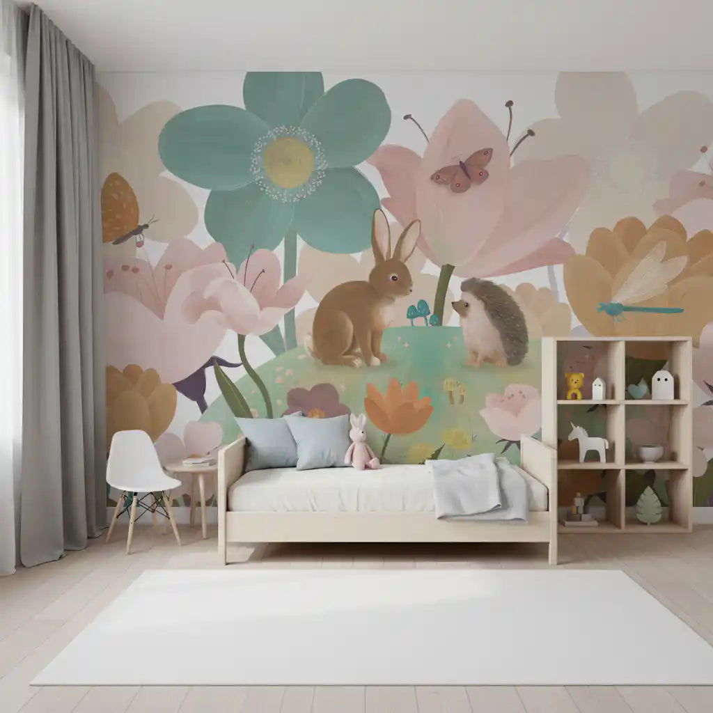 Veggmaleri med engvenner og hageblomster