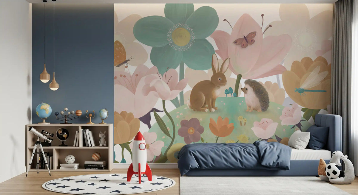 Garden blooms nursery mural in a blue kids room with a red rocket and star rug GD12394
