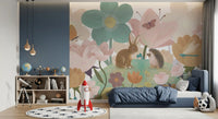 Garden blooms nursery mural in a blue kids room with a red rocket and star rug GD12394