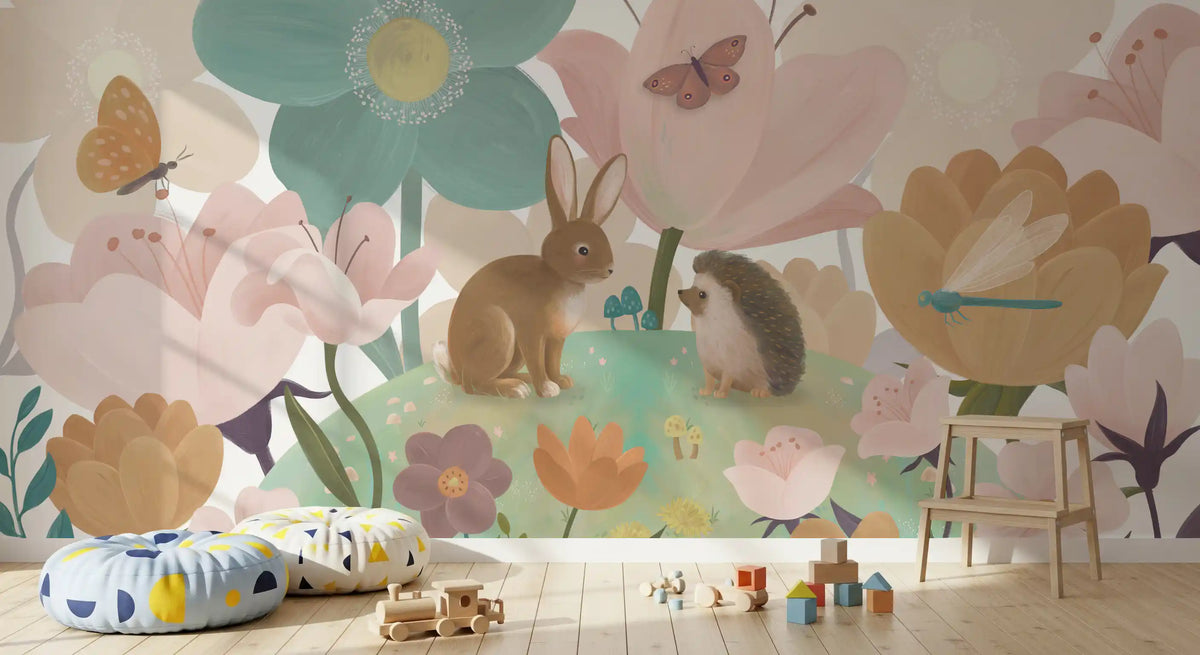 Garden blooms mural in a bright playroom with a colourful pouf and wood toys GD12394