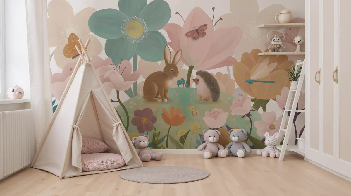Meadow friends floral mural in a playroom with a teepee tent and teddy bears GD12394