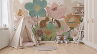 Meadow friends floral mural in a playroom with a teepee tent and teddy bears GD12394