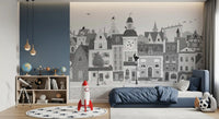 Grey town street mural in a boys room with a rocket lamp and telescope GD12395