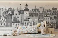 Feline street scene mural above a kids bed with animal bedding and a star rug GD12395