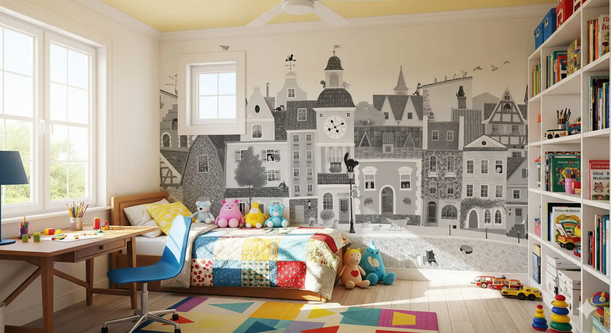 Monochrome city mural in a kids bedroom with a patchwork quilt and bookshelf GD12395