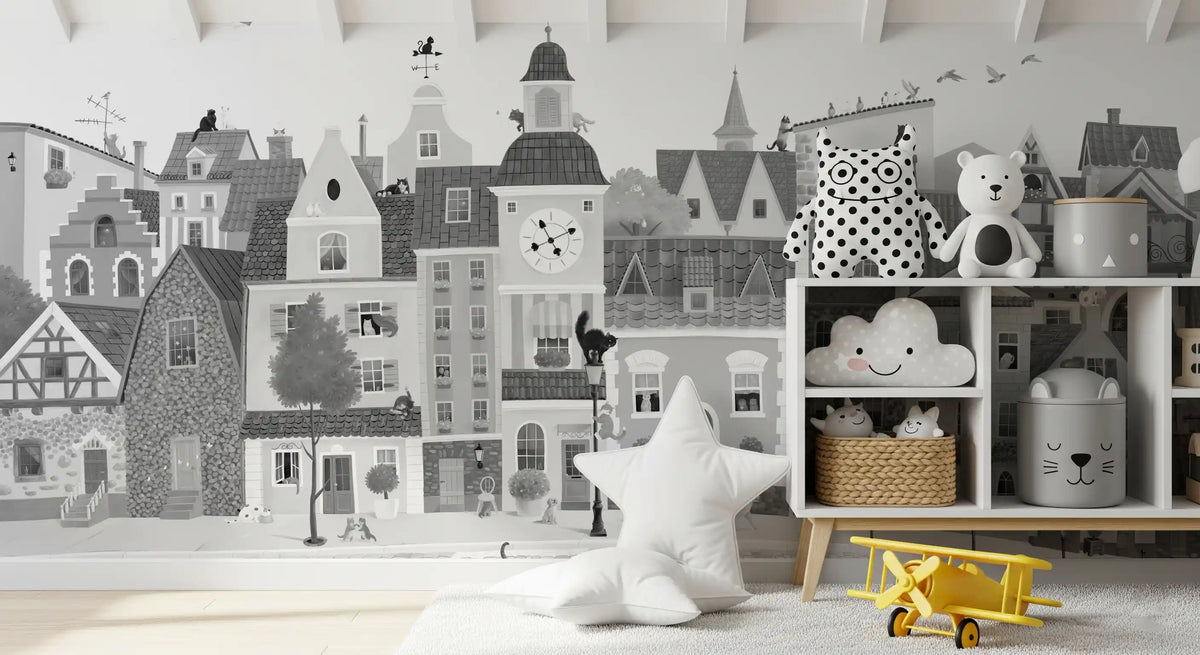 Monochrome city mural in a kids room with a cloud shelf and a yellow toy plane GD12395