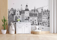 Grey town mural in a playroom with a white play kitchen and a giraffe toy GD12395